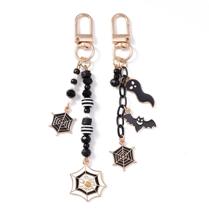 Halloween beaded keychain set featuring ghost bat and spider web charms with gold lobster clasp