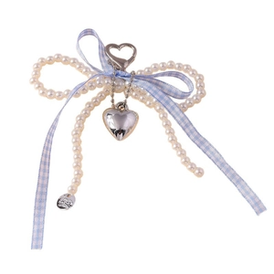 Porte-clés en perles avec ruban à carreaux bleu et pendentif cœur pour sacs à main