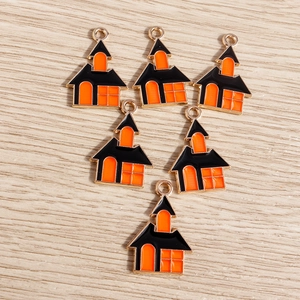Set of 6 Halloween house charms in black and orange enamel for DIY jewelry making