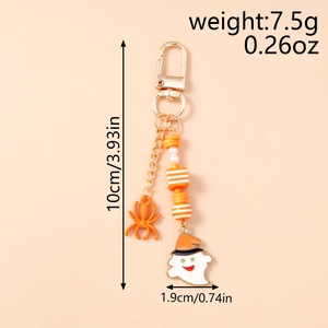 Detailed view of Halloween keychain with spider, ghost pendant and dimensions