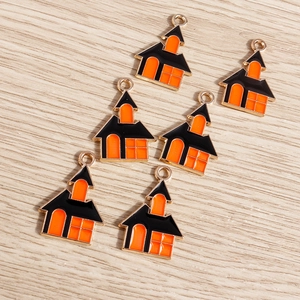 Detail of 6pcs Halloween house charms with black and orange enamel for DIY jewelry