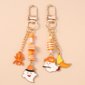 Halloween Ghost Spider Moon Beaded Keychain Gold Zinc Alloy Enamel Bag Pendant For Women Party Decoration Gift