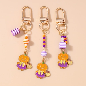 Porte-clés Citrouille à Rayures d'Halloween pour Femmes Pendentif de Sac Fille Citrouille en Émail Alliage de Zinc Cadeau de Fête