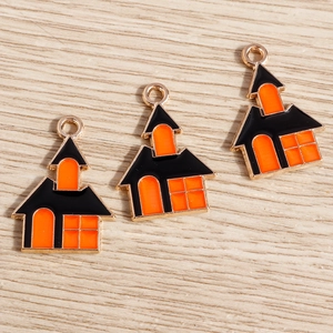 Set of 3 Halloween haunted house pendants with orange and black enamel in gold frames