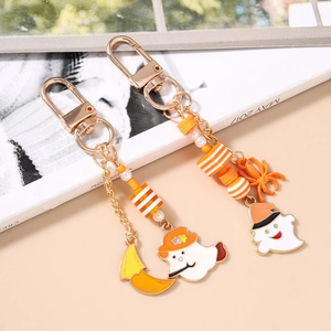 Creative Halloween ghost and spider keychains with orange beads and golden D-shaped clasp