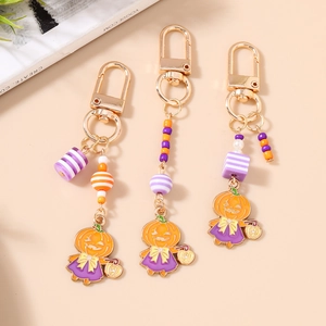 Porte-clés à perles rayées d'Halloween avec pendentif sorcière citrouille et fermoir doré