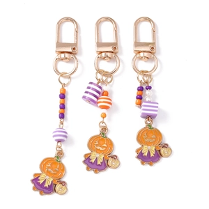 Porte-clés d'Halloween à perles avec citrouille sorcière et fermoir mousqueton doré