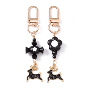 Creative black and gold reindeer keychain with floral candy beads for bags and keys