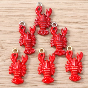 Set of 6 red enamel lobster charms for DIY jewelry making with gold and silver rings