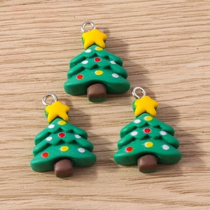 Set of three green Christmas tree charms with colorful dots and silver metal rings