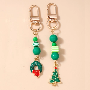 Christmas Beaded Keychain Zinc Alloy Enamel Wreath Christmas Tree Pendant Green White Beads Holiday Bag Charm Keyring Gift