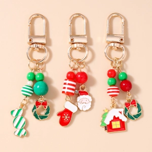 Porte-clés de Noël Perlé Émail Père Noël Gants Maison Couronne Bonbon Rayé Alliage de Zinc Breloque de Sac Cadeau Fête