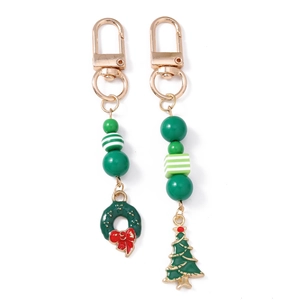 Christmas beaded keychain set featuring festive wreaths, trees and red bows with gold hooks
