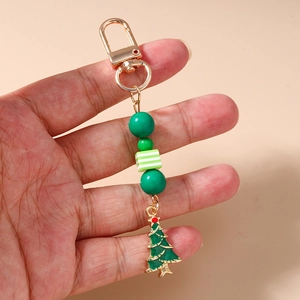 Christmas beaded keychain with green ornaments and enamel Christmas tree charm pendant