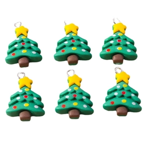 Set of 6 green resin Christmas tree charms with colorful dots and silver metal rings