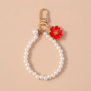 Fashion pearl keychain with red flower pendant and gold hardware for women handbag decor