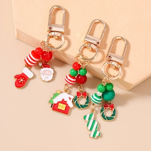 Porte-clés de Noël avec Père Noël, moufles et pendentifs festifs en émail coloré
