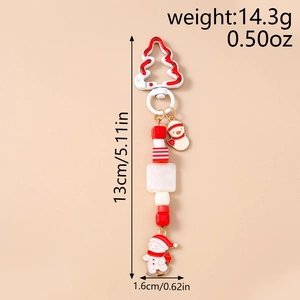 Detailed view of Christmas snowman keychain with beads, showing length and weight measurements