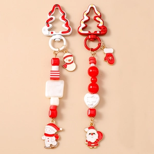 Christmas Santa Claus Snowman Beaded Keychain Zinc Alloy Artificial Pearl Bag Charm Red White Xmas Gift Key Ring Accessories