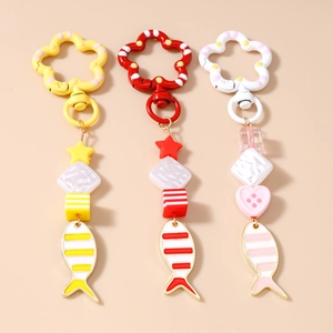Cute Resin Beaded Fish Keychain Zinc Alloy Fish Pendant Bag Charm With Flower Clasp Star Heart Stripe For Women Kids