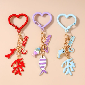 Ocean Theme Heart Clasp Zinc Alloy Keychain Enamel Dolphin Fish Coral Charms Year Letter Keychain For Bag Accessory