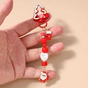 Christmas snowman pearl beaded keychain with red santa claus pendant and festive charms