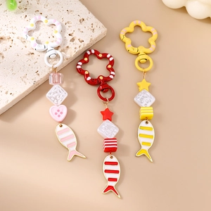 Chic fishbone beaded keychain with flower clasp and colorful geometric charms for bags