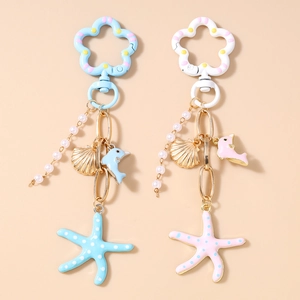 Porte-clés Océan Étoile de Mer Dauphin Coquille Charme de Sac Perlé Künstliche Perles d'Imitation Pendentif en Alliage Émail pour Femmes Filles Cadeau