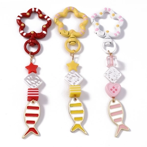 Fashionable cube pearl beaded goldfish keychain pendant with star and flower clip charms