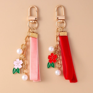 Fashion Floral Enamel Cherry Blossom Keychain With Velvet Ribbon Faux Artificial Pearl Charm For Women Bag Ornament Accessory
