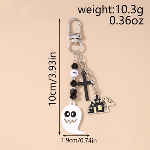 Halloween beaded keychain with ghost, cross and haunted house charms and size dimensions