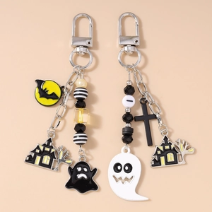 Halloween Beaded Keychain Zinc Alloy Enamel Ghost Bat Castle Cross Bag Pendant Gothic Festive Party Decoration Ornament