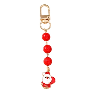 Christmas Santa Claus keychain with red beads and golden metal lobster clasp decoration