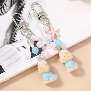 Fashionable pearl bead dog keychain set with resin starfish and plush puppy charms