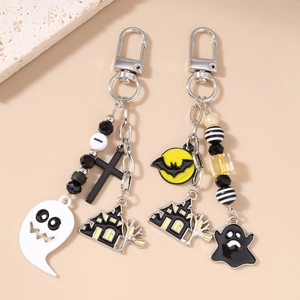 Halloween beaded cross and moon bat keychain charms with ghost house pendants for bags