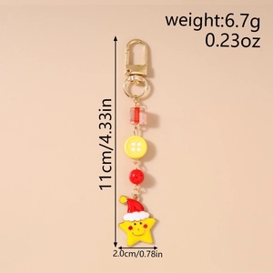 Detailed view of Christmas star keychain with red hat, including product size and weight