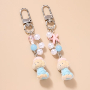 Plush puppy keychain set with pearls and starfish pendant for bag decoration