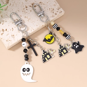 Halloween beaded keychains with ghost, cross, and bat charms for bag decoration