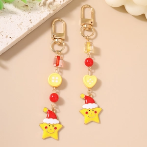 Christmas hat star keychain with yellow smiley face and gold lobster clasp decoration