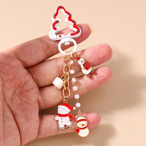 Cute Christmas snowman keychain with white tree clasp and pearl charms festive gift