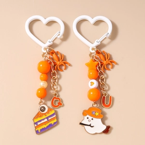 Halloween Cartoon Ghost Spider Keychain With Heart Shaped Hook Cute Beaded Bag Pendant For Women Girls Party Gift