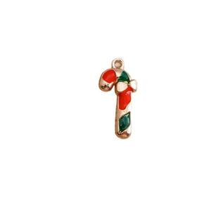 Christmas candy cane pendant in red and green enamel with a shiny gold alloy metal base