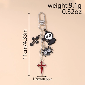 Detail showing dimensions of gothic ghost keychain with reaper and cross pendants