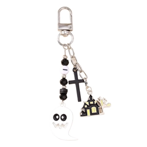 Halloween keychain with white ghost, haunted house pendants and gothic beaded cross