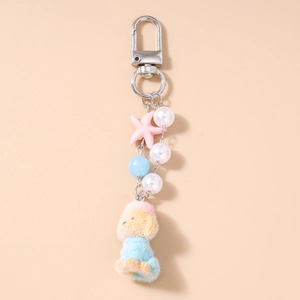 Cute colorful plush puppy keychain with pink star, pearls and metal clip accessory