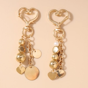Porte-clés en Alliage de Zinc Doré en Forme de Cœur Avec Künstliche Perles et Disque en Métal Pendentif de Sac Cadeau Femme