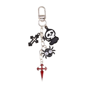 Gothic Halloween keychain with skull, cross, spider and sword pendants for bags