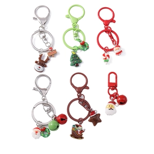 6-piece Christmas keychain set featuring Santa, reindeer, tree, and colorful bells
