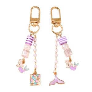 Porte-clés sirène et queue de poisson à la mode avec fermoir doré et perles violettes