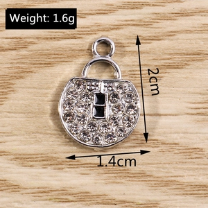 Silver lock-shaped pendant with white rhinestones and black gems, dimensions 2cm by 1.4cm
